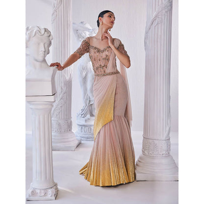 MANDIRA WIRK Peach and Gold Draped Gown with Attached Dupatta