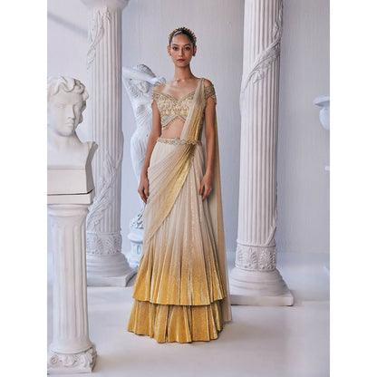 MANDIRA WIRK Cream and Golden Top with Skirt (Set of 3)