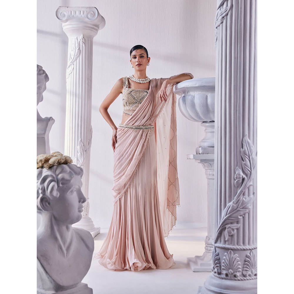 MANDIRA WIRK Peach Saree with Stitched Blouse and Belt