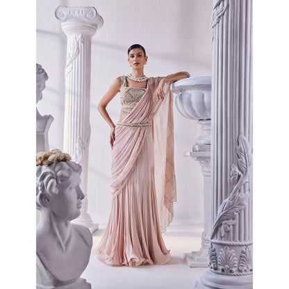 MANDIRA WIRK Peach Saree with Stitched Blouse and Belt