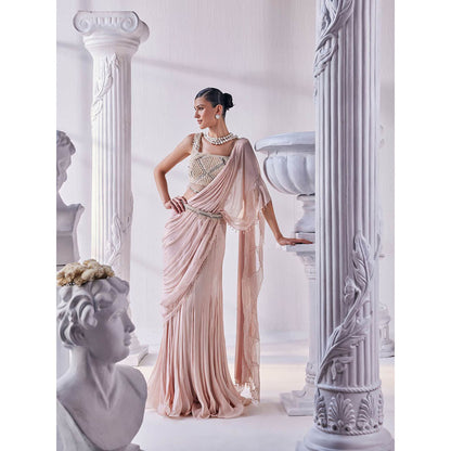 MANDIRA WIRK Peach Saree with Stitched Blouse and Belt