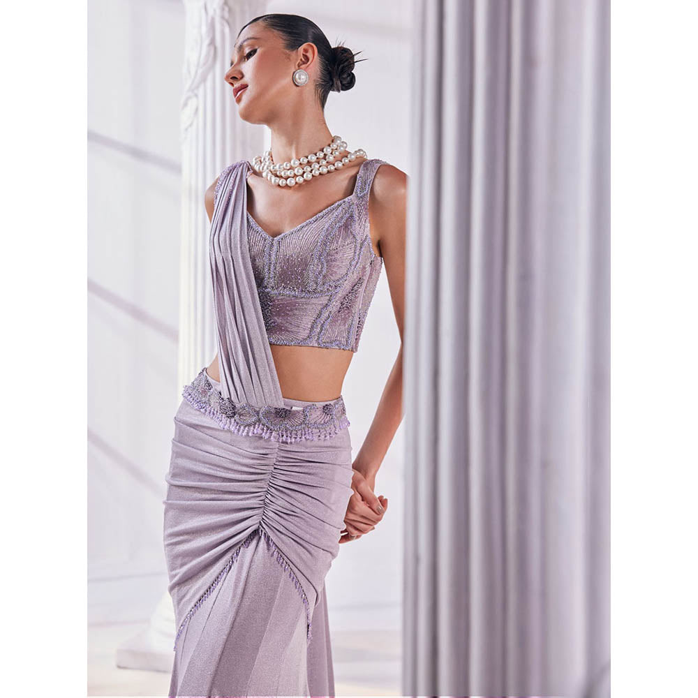 MANDIRA WIRK Purple Saree with Stitched Blouse and Belt