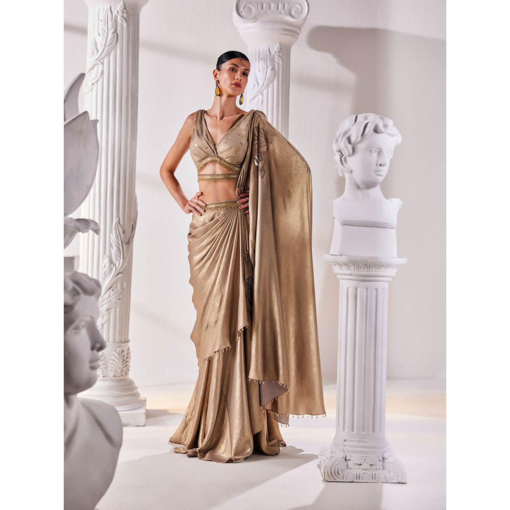 MANDIRA WIRK Golden Saree with Stitched Blouse and Belt