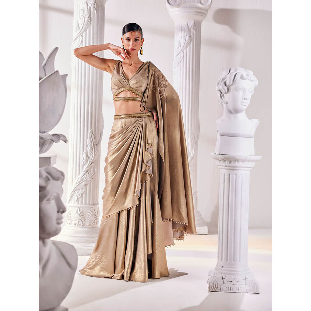 MANDIRA WIRK Golden Saree with Stitched Blouse and Belt