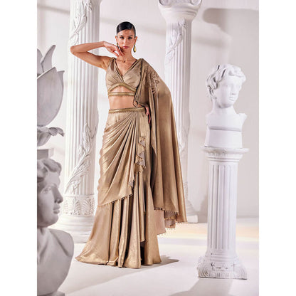 MANDIRA WIRK Golden Saree with Stitched Blouse and Belt