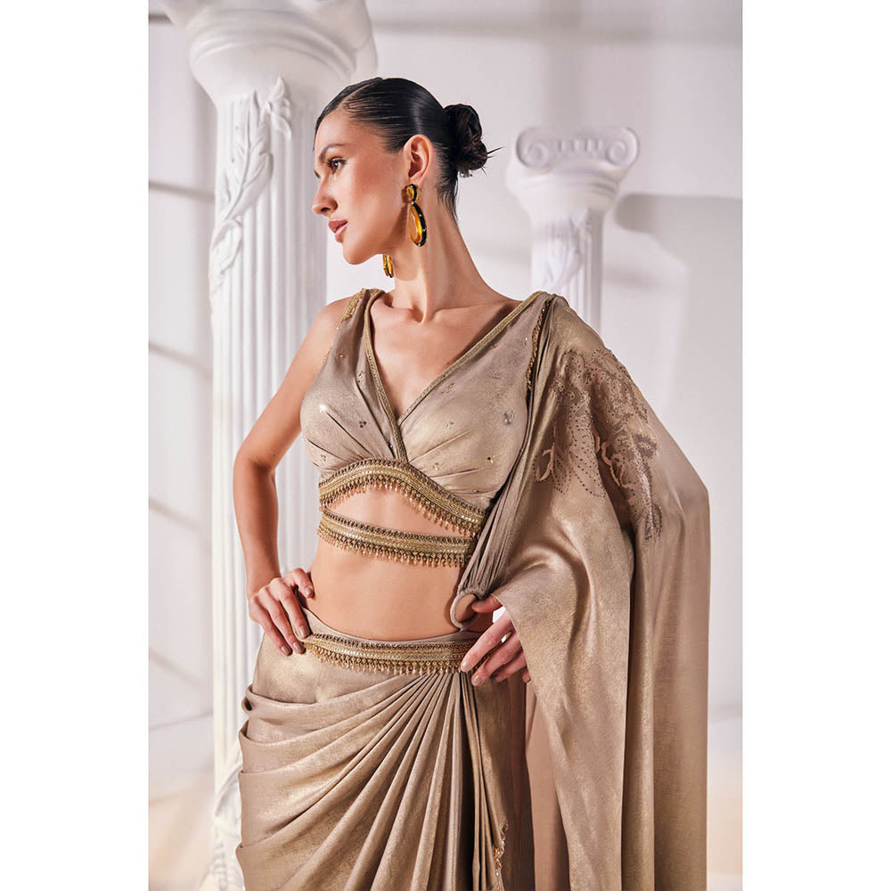 MANDIRA WIRK Golden Saree with Stitched Blouse and Belt