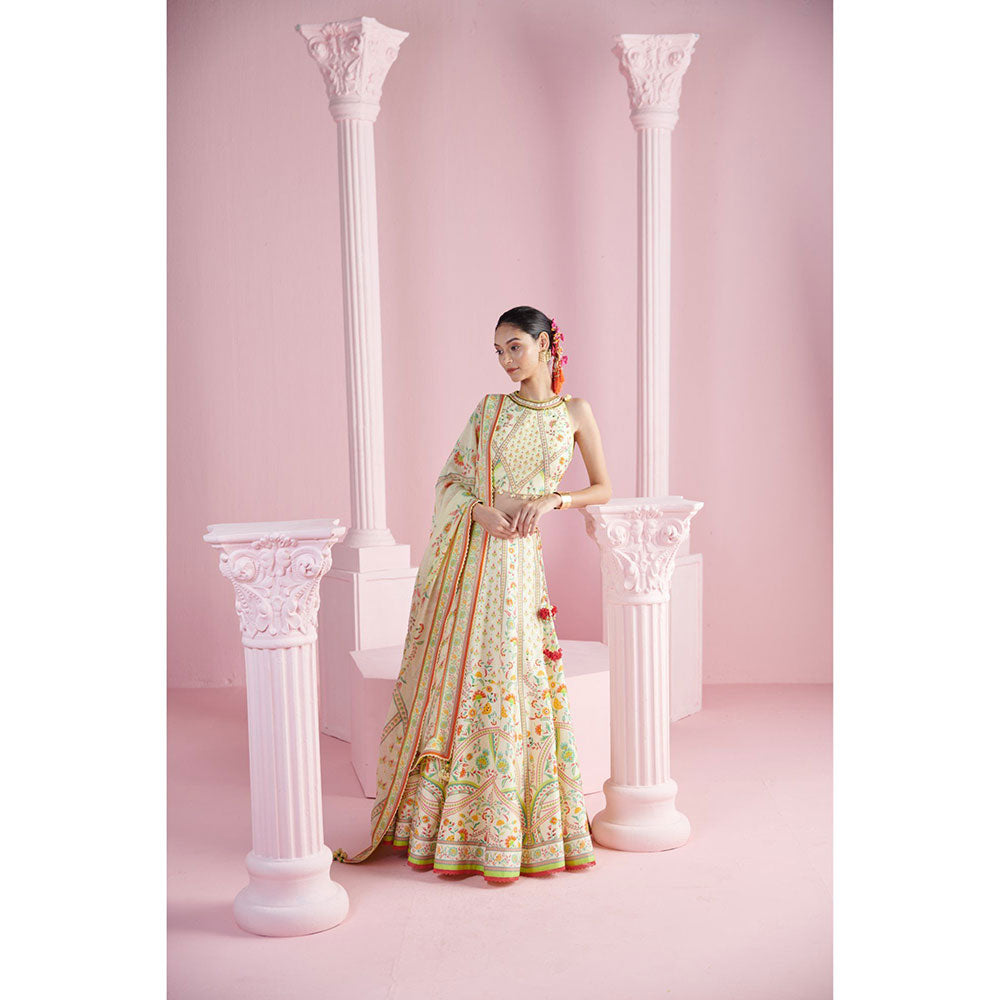 MANDIRA WIRK Women's Cream Safir Floral Embellished Lehenga with Blouse and Dupatta (Set of 3)