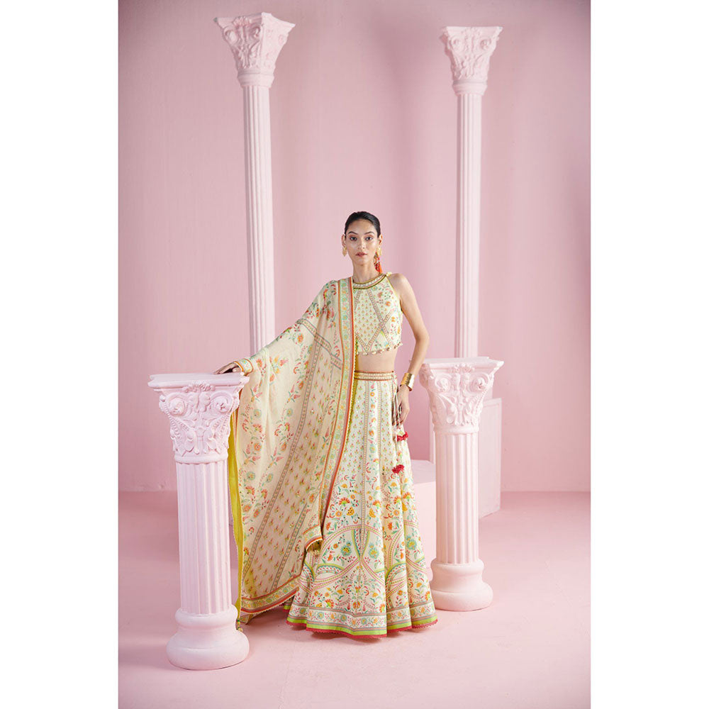 MANDIRA WIRK Women's Cream Safir Floral Embellished Lehenga with Blouse and Dupatta (Set of 3)