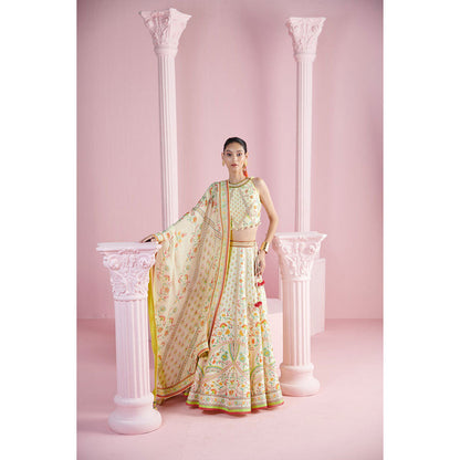 MANDIRA WIRK Women's Cream Safir Floral Embellished Lehenga with Blouse and Dupatta (Set of 3)