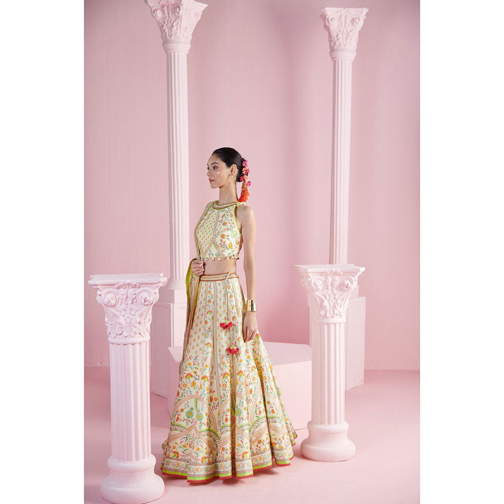 MANDIRA WIRK Women's Cream Safir Floral Embellished Lehenga with Blouse and Dupatta (Set of 3)