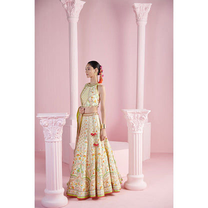 MANDIRA WIRK Women's Cream Safir Floral Embellished Lehenga with Blouse and Dupatta (Set of 3)