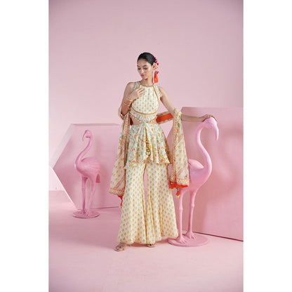 MANDIRA WIRK Women'S Amaya Floral Kurti with Sharara and Dupatta (Set of 3)
