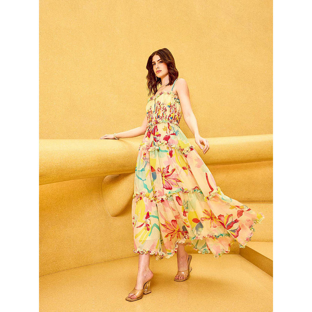 MANDIRA WIRK Yellow Florid Ruffle Maxi Dress