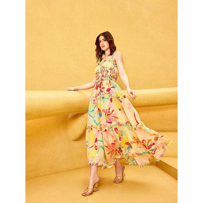 MANDIRA WIRK Yellow Florid Ruffle Maxi Dress
