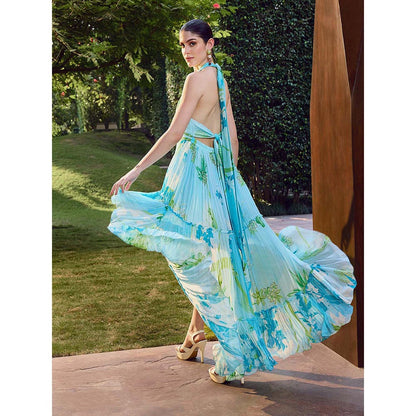 MANDIRA WIRK Blue Floral Print High-Low Halter Neck Dress