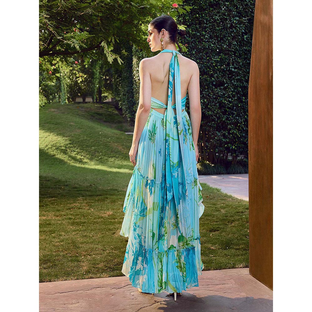 MANDIRA WIRK Blue Floral Print High-Low Halter Neck Dress