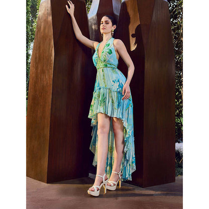 MANDIRA WIRK Blue Floral Print High-Low Halter Neck Dress