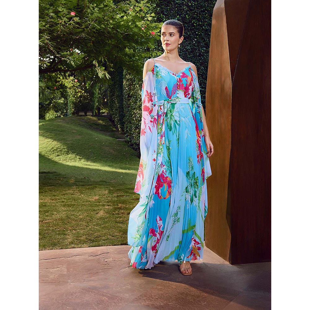 MANDIRA WIRK Deep Strappy Heat Pleat Maxi Dress with Belt (Set of 2)