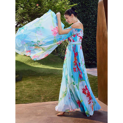 MANDIRA WIRK Deep Strappy Heat Pleat Maxi Dress with Belt (Set of 2)