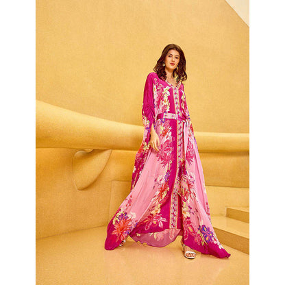 MANDIRA WIRK Pink Floral Placement Dress with Belt (Set of 2)