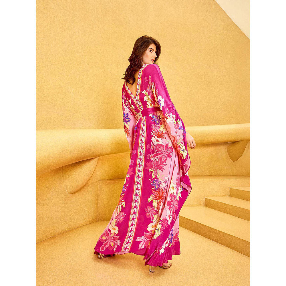 MANDIRA WIRK Pink Floral Placement Dress with Belt (Set of 2)