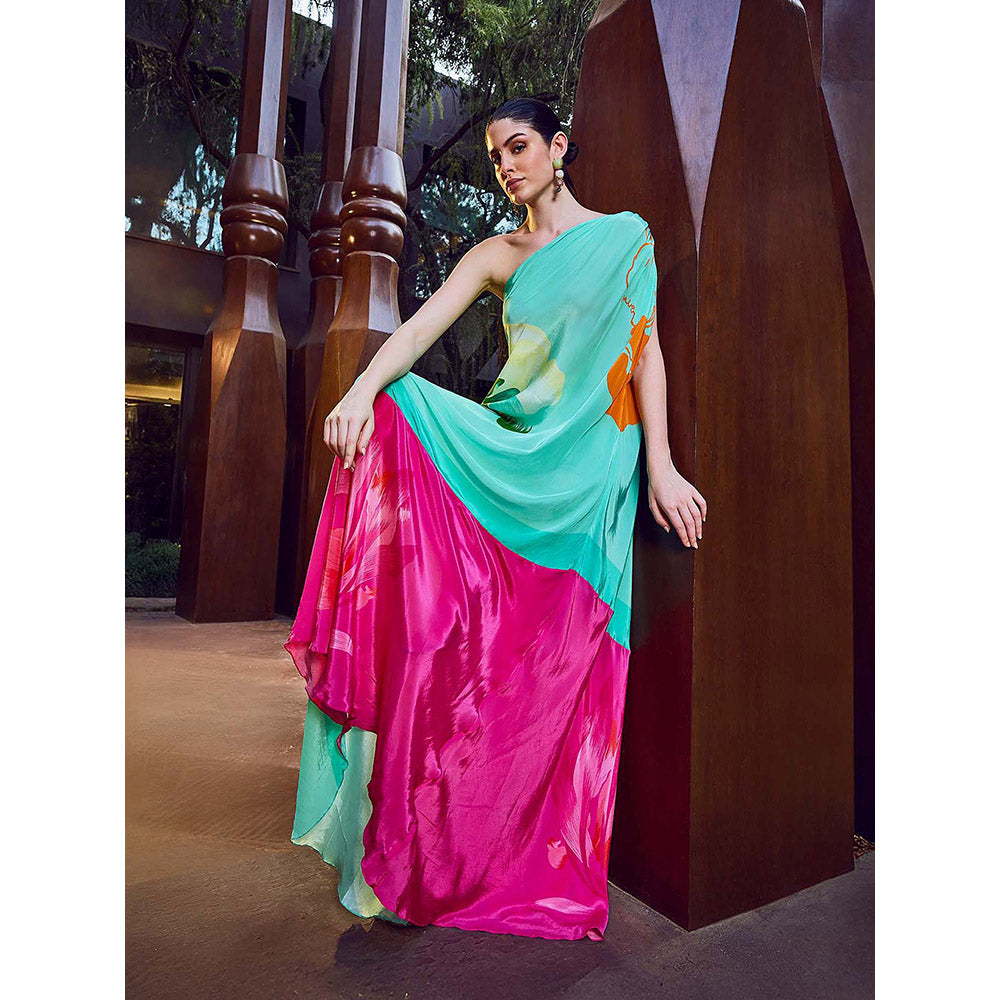 MANDIRA WIRK Multi-Color Placement One-Shoulder Kaftan Dress