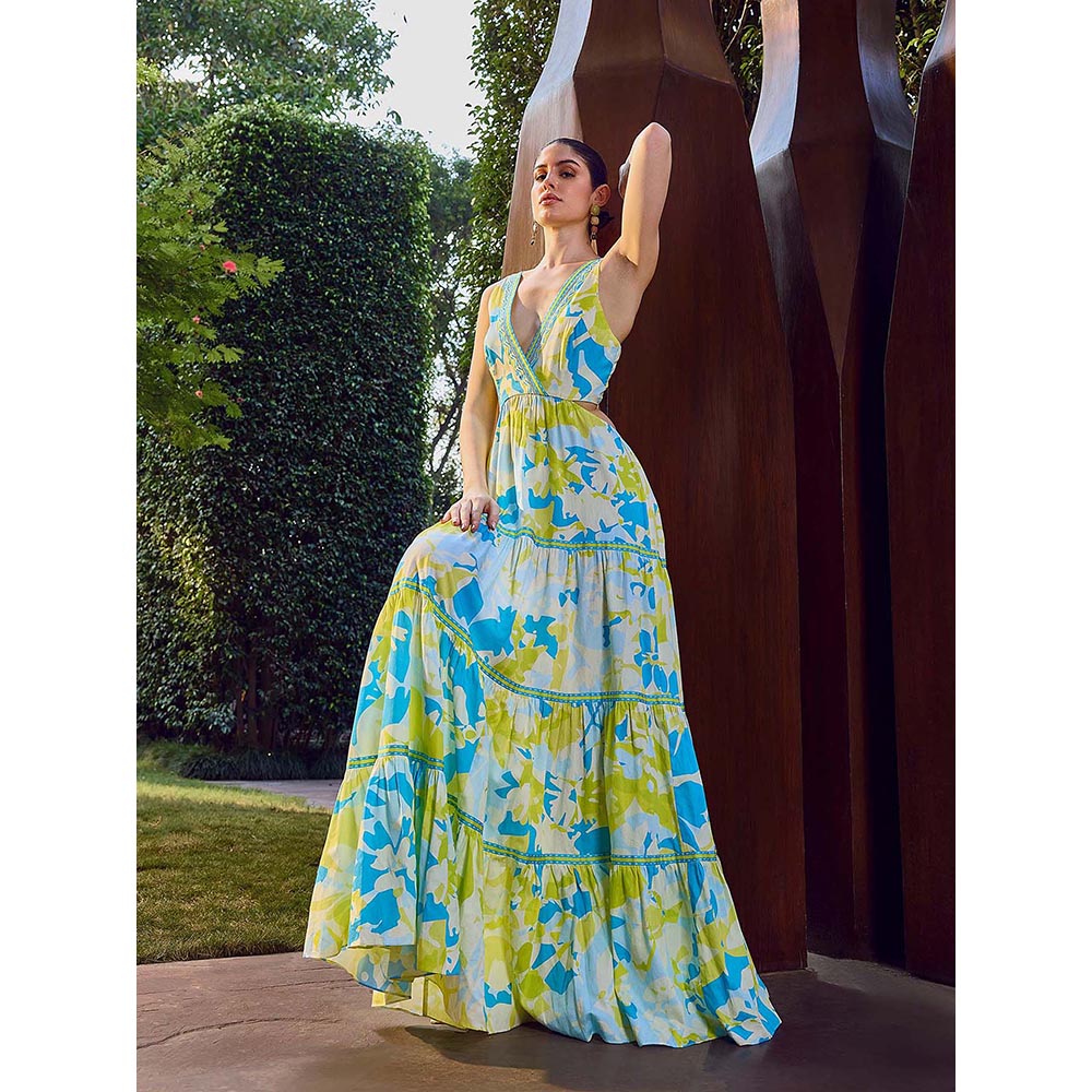 MANDIRA WIRK Printed Plunge Backless Maxi Dress