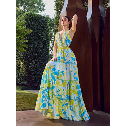 MANDIRA WIRK Printed Plunge Backless Maxi Dress
