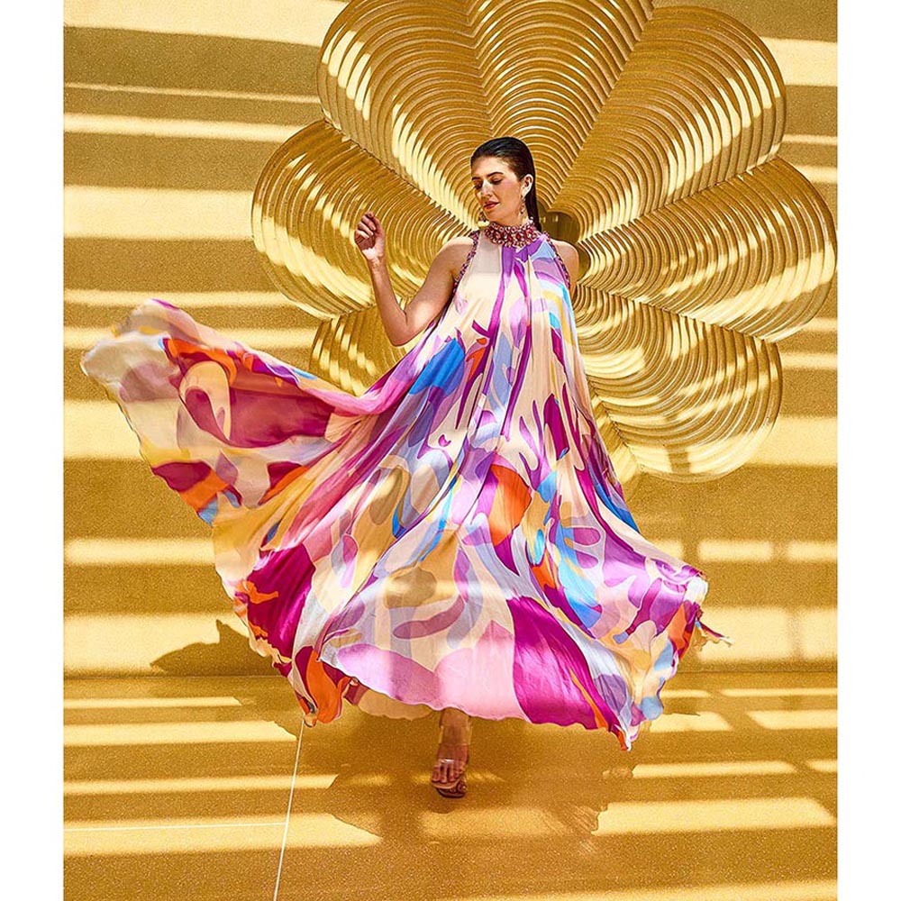 MANDIRA WIRK Purple Abstract Print Geo Dress