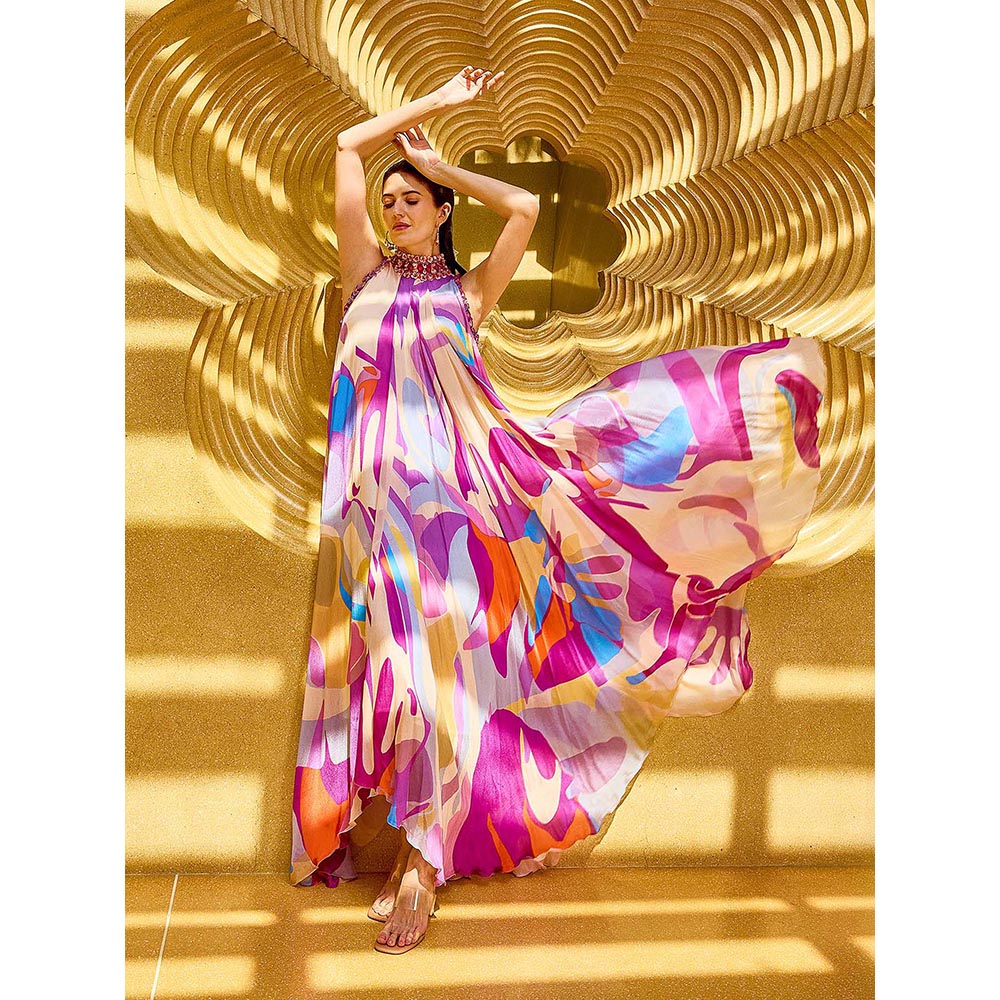 MANDIRA WIRK Purple Abstract Print Geo Dress
