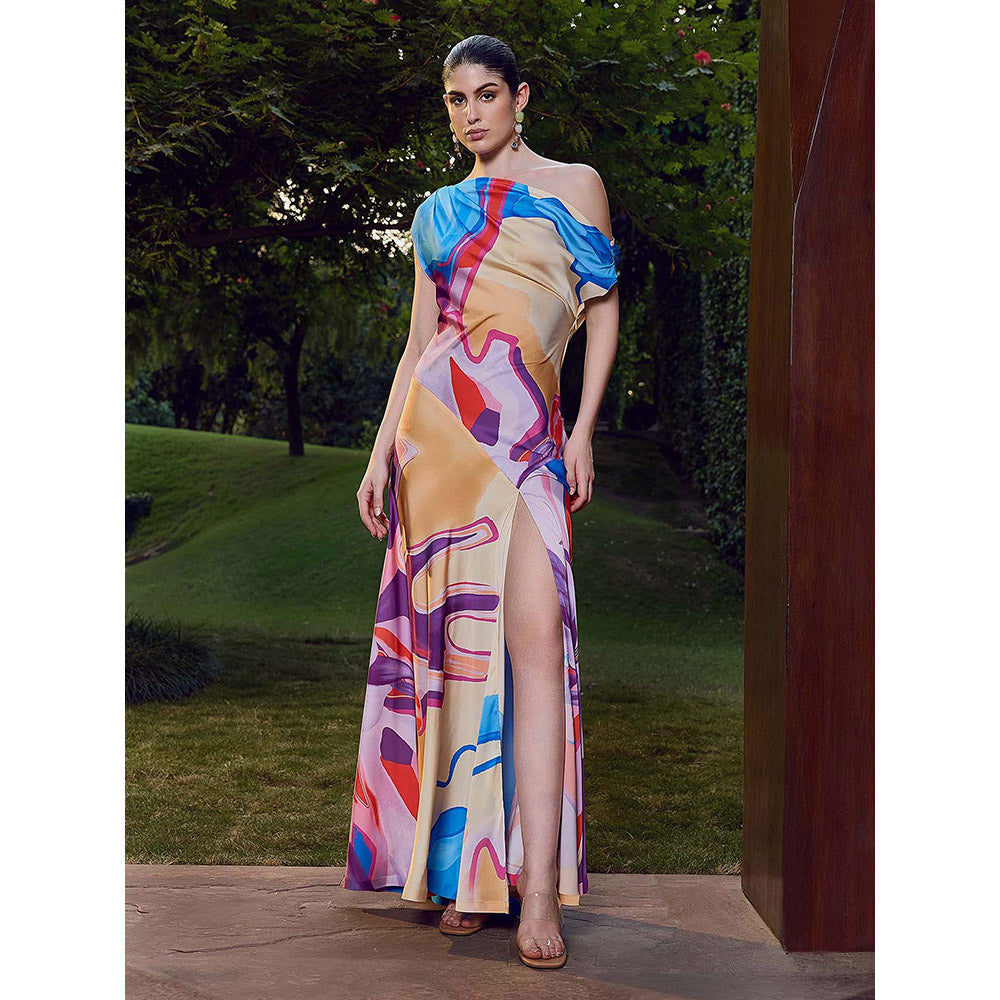 MANDIRA WIRK Blue Modern Abstract One Shoulder Dress