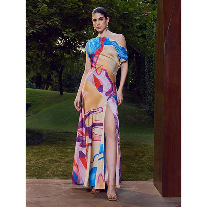 MANDIRA WIRK Blue Modern Abstract One Shoulder Dress
