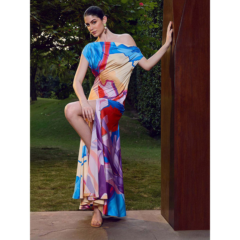 MANDIRA WIRK Blue Modern Abstract One Shoulder Dress
