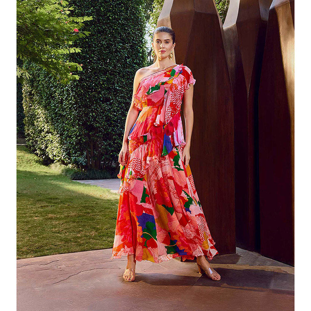 MANDIRA WIRK Red Floral Ruffle Maxi Dress