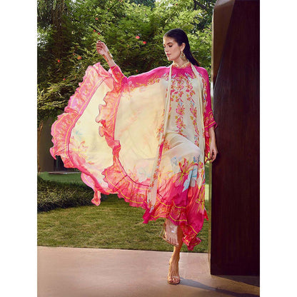 MANDIRA WIRK Multicolor Floral Placement Ruffle Kaftan Dress with Slip (Set of 2)