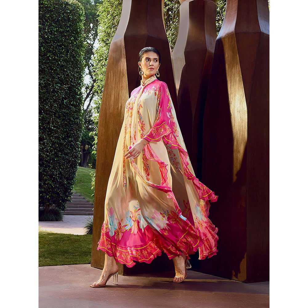 MANDIRA WIRK Multicolor Floral Placement Ruffle Kaftan Dress with Slip (Set of 2)