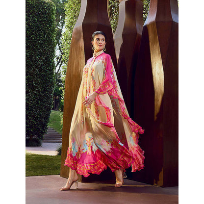 MANDIRA WIRK Multicolor Floral Placement Ruffle Kaftan Dress with Slip (Set of 2)