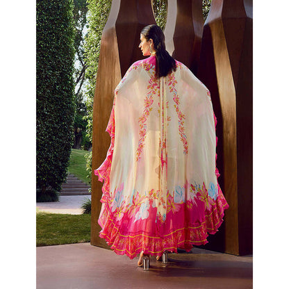 MANDIRA WIRK Multicolor Floral Placement Ruffle Kaftan Dress with Slip (Set of 2)