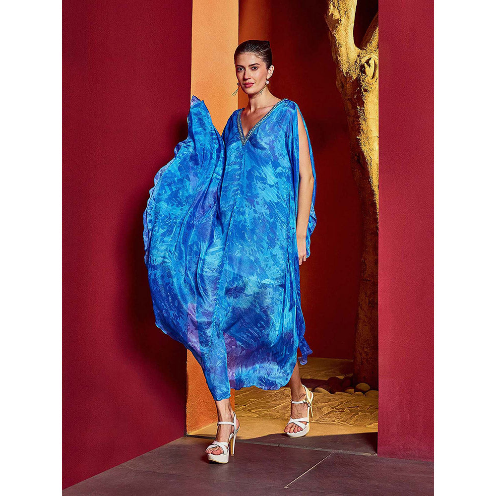MANDIRA WIRK Blue Mixed Leaf Printed Dress
