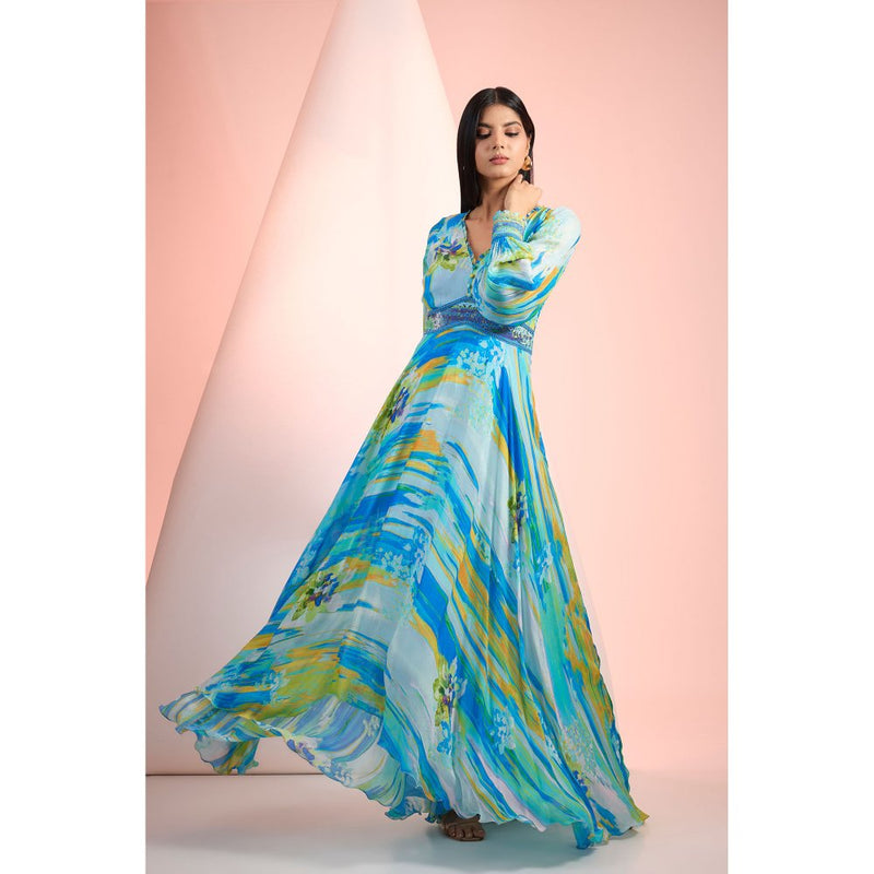 MANDIRA WIRK Blue Printed Maxi Dress