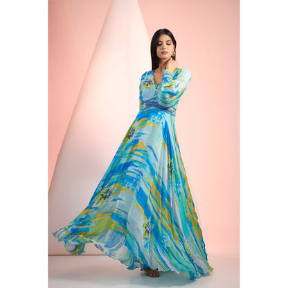 MANDIRA WIRK Blue Printed Maxi Dress