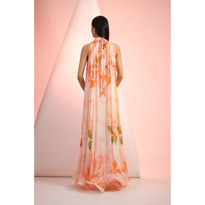 MANDIRA WIRK Orange Printed Dress with Belt (Set of 2)