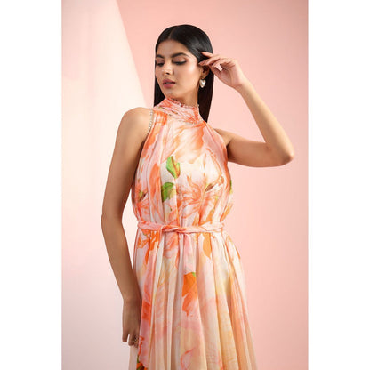 MANDIRA WIRK Orange Printed Dress with Belt (Set of 2)