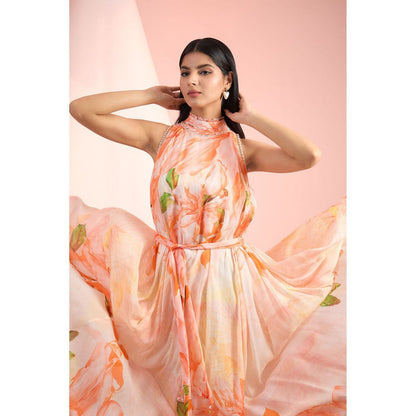 MANDIRA WIRK Orange Printed Dress with Belt (Set of 2)