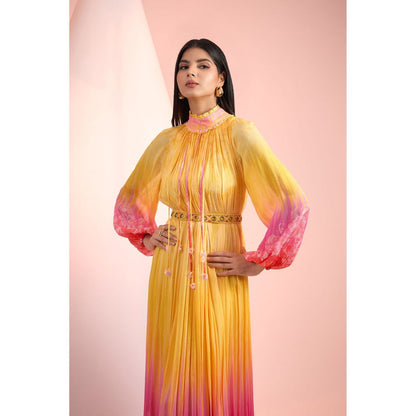 MANDIRA WIRK Yellow Printed Maxi Dress with Belt (Set of 2)