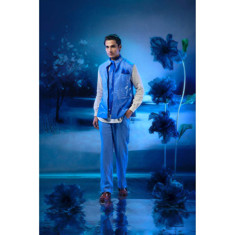 MANDIRA WIRK Blue Printed Jacket with Short Kurta and Pant