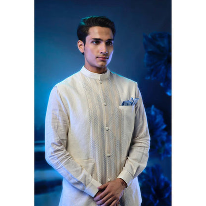 MANDIRA WIRK Ivory Pintuck Nehru Jacket with Short Kurta and Pant