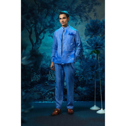 MANDIRA WIRK Blue Printed Jacket with Short Kurta and Pant