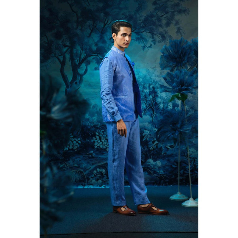 MANDIRA WIRK Blue Printed Jacket with Short Kurta and Pant