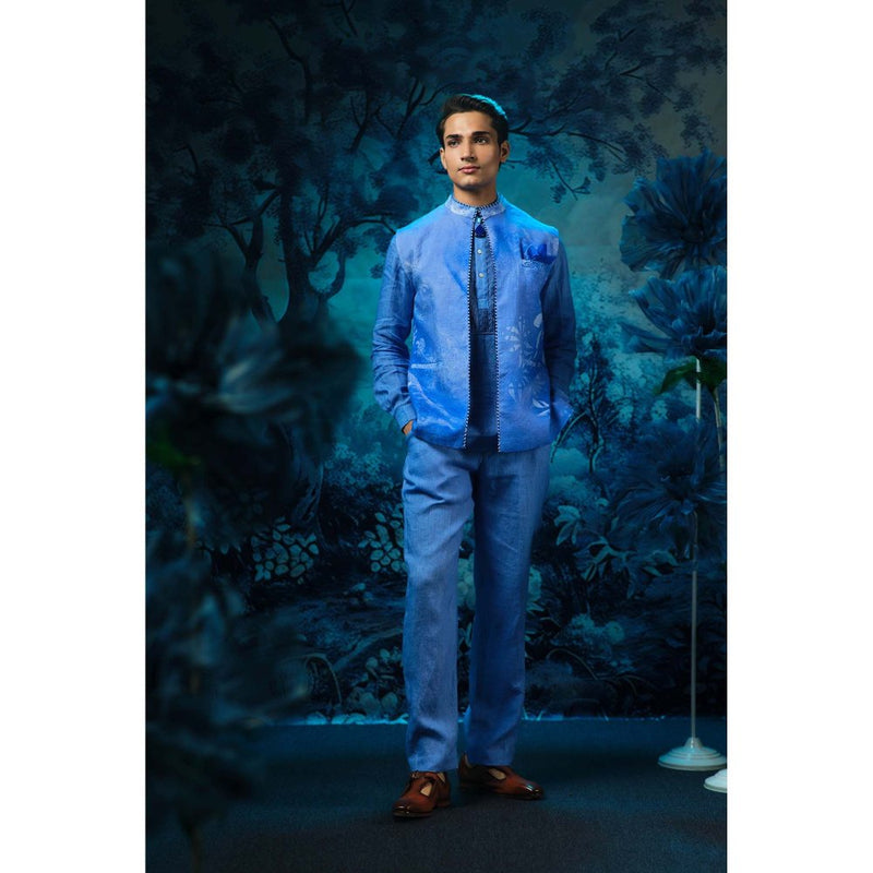 MANDIRA WIRK Blue Printed Jacket with Short Kurta and Pant